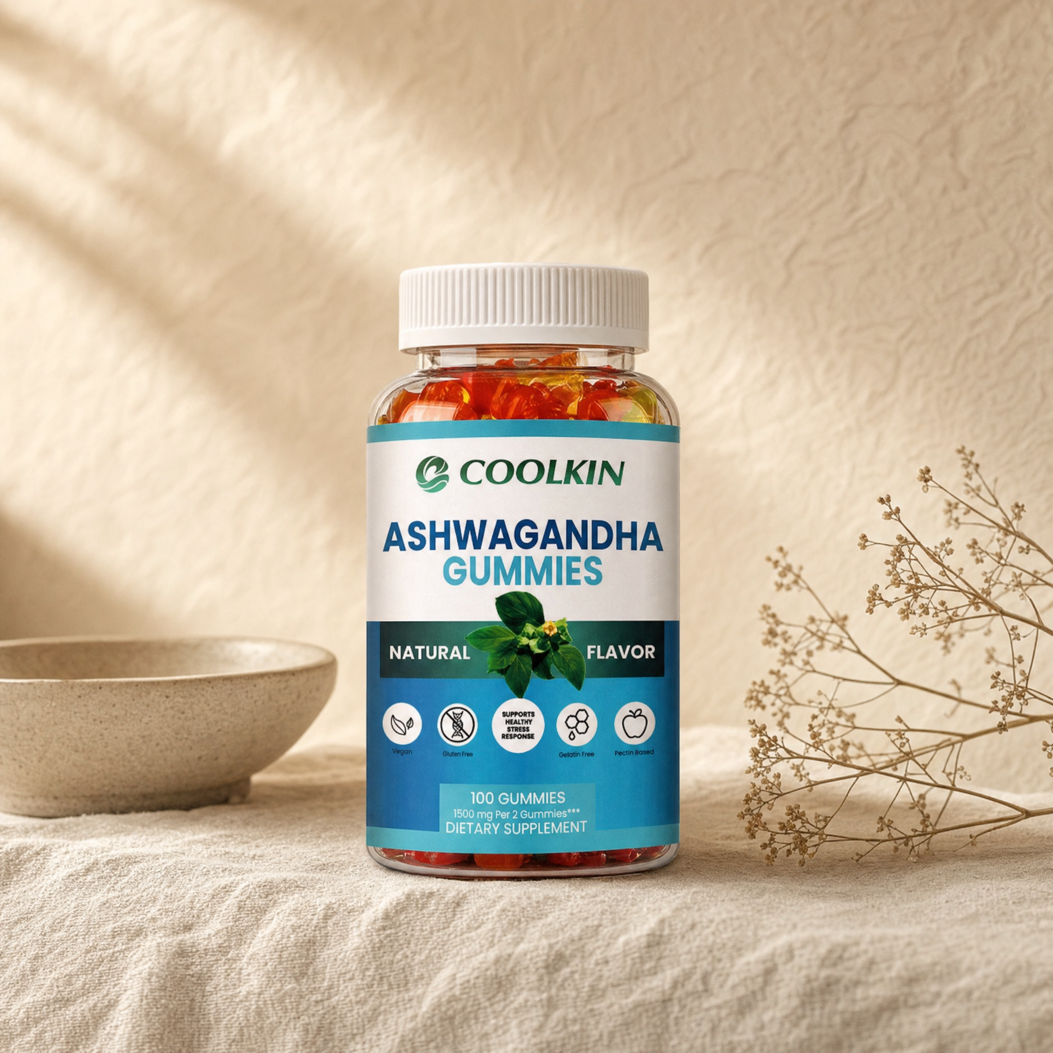Ashwagandha gummies, 100 count bottle, on cream linen in soft morning light