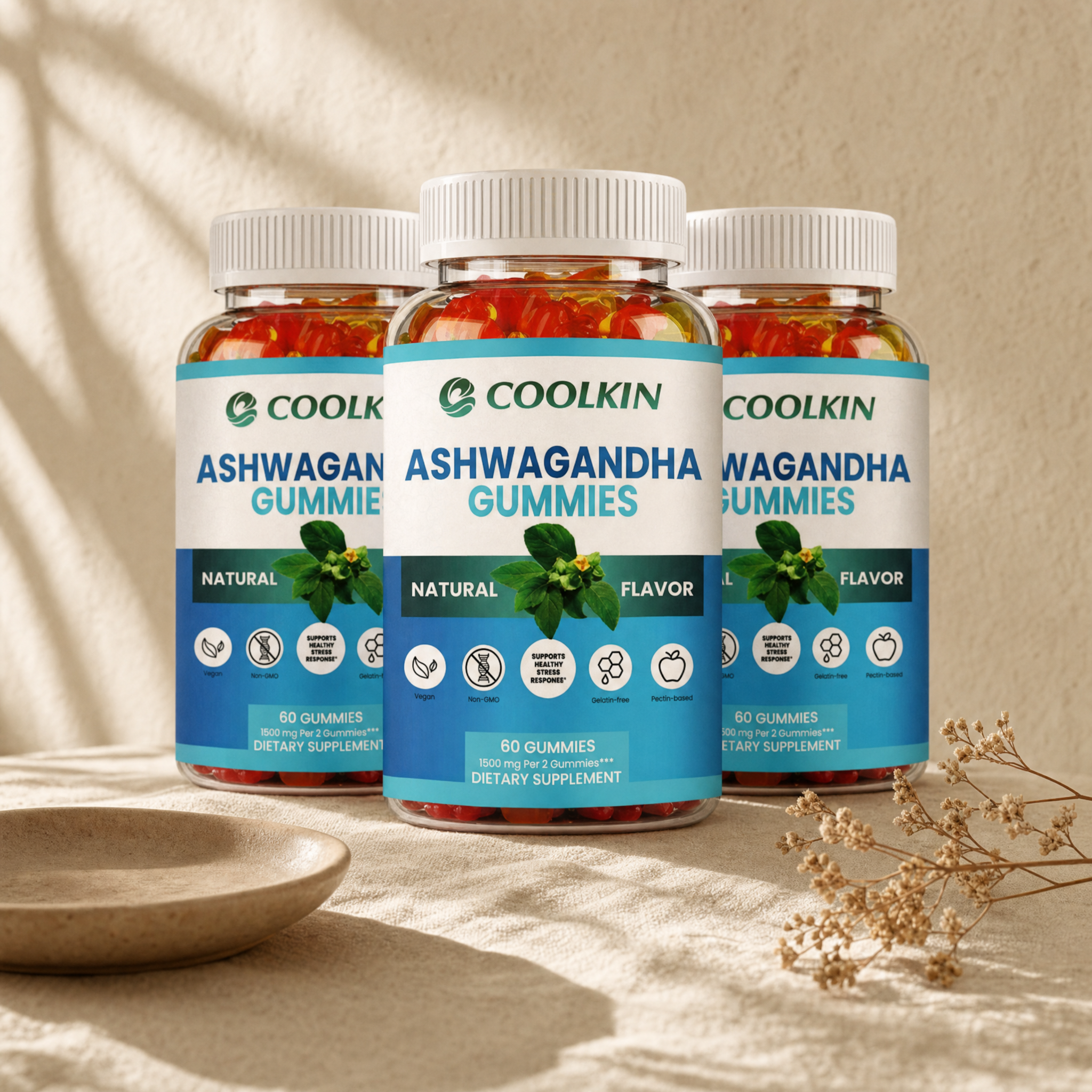 Three bottles of 60 count ashwagandha gummies on cream linen in soft morning light