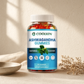 Ashwagandha gummies, 60 count bottle, on cream linen in soft morning light