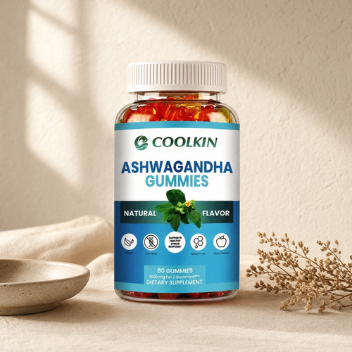 Ashwagandha gummies, 60 count bottle, on cream linen in soft morning light