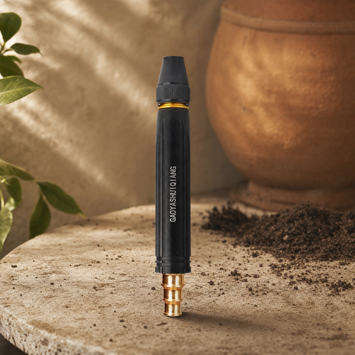 Adjustable garden spray nozzle with pagoda fitting on a stone potting bench