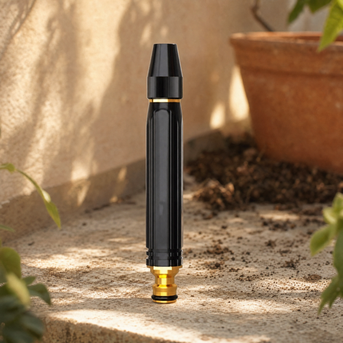 Adjustable garden spray nozzle with quick-connect fitting on a stone potting bench