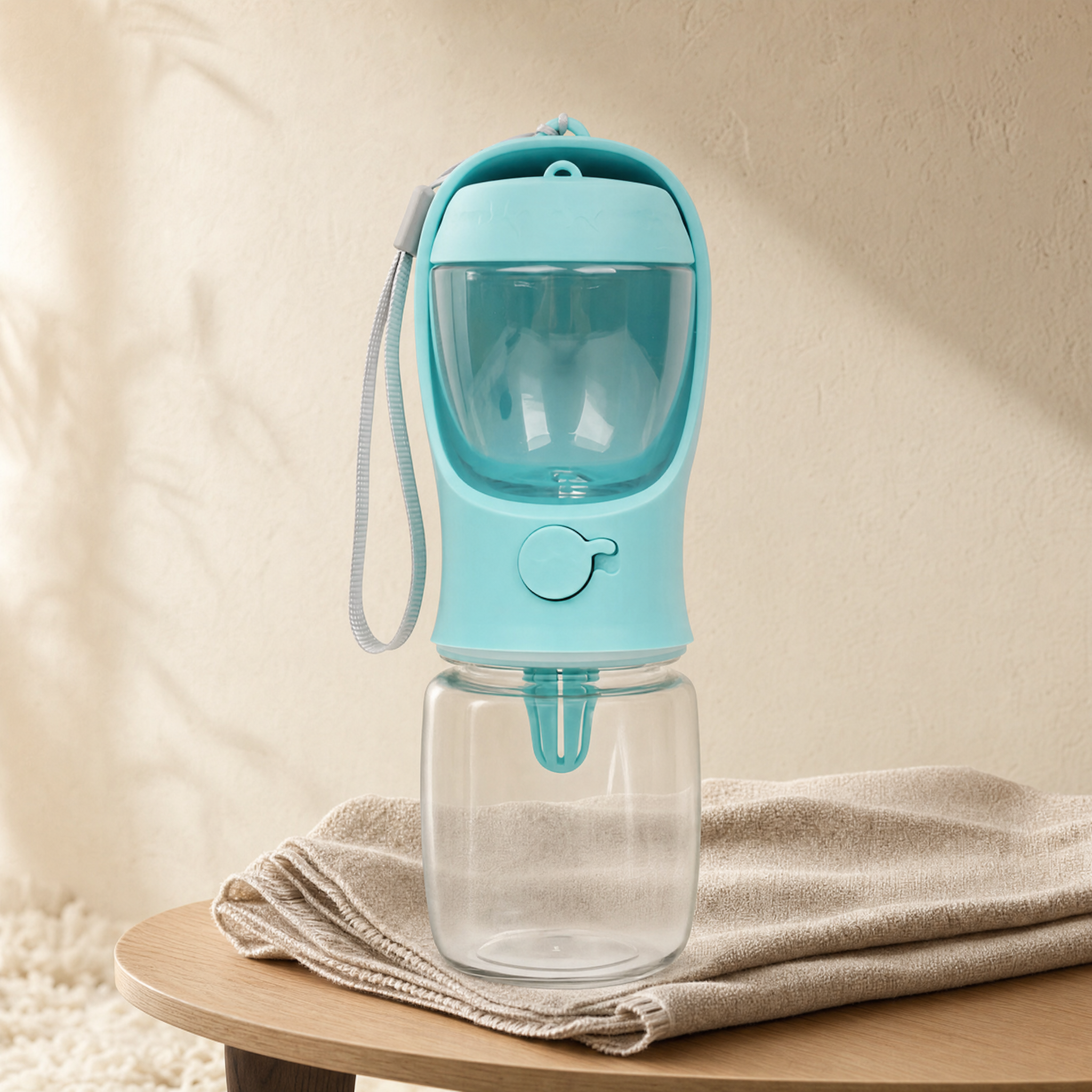 Portable pet water bottle in blue on a pale oak table in soft morning light